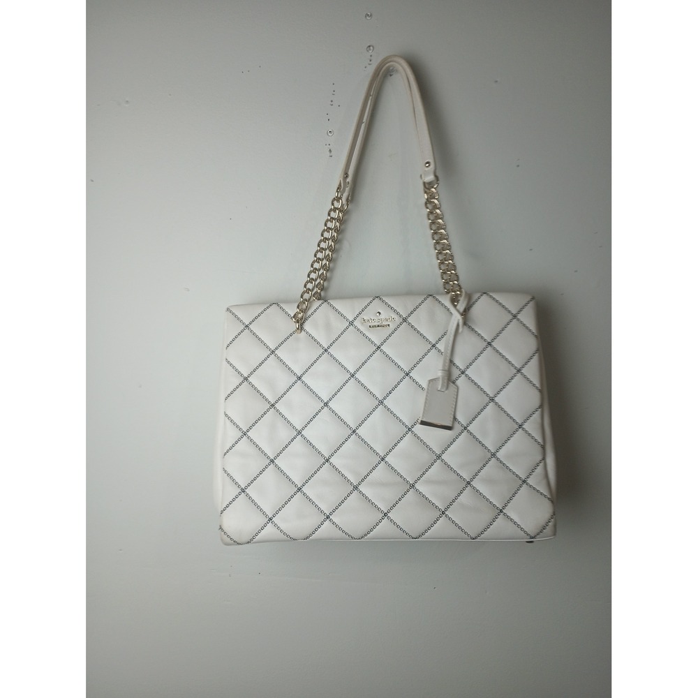 Kate Spade Emerson Place White Leather Quilted Chain Tote Shoulder Bag PXRU6000
